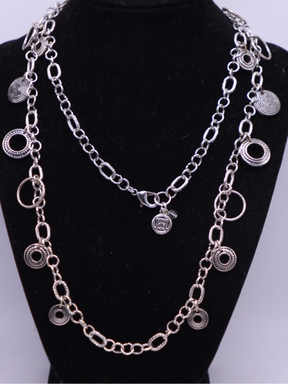 Signed Long Silver-Tone Multi-Link Charm Necklace